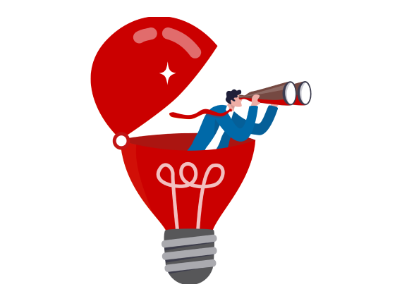 Ein Mann im Anzug schaut mit einem Fernglas aus einer geöffneten roten Glühbirne.