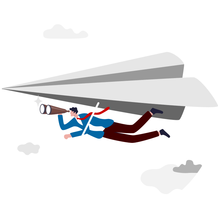 Eine Person fliegt auf einem Papierflieger und schaut durch ein Fernrohr.