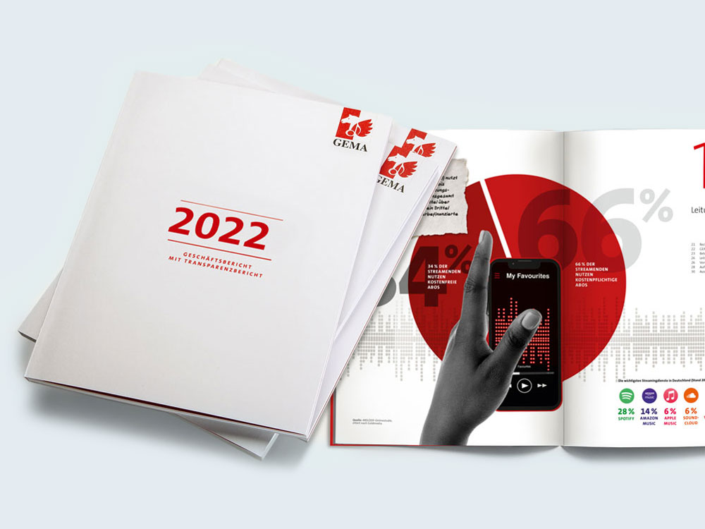 Geschäftsbericht 2022 mit rotem Text, daneben geöffnete Seite mit Diagramm und Smartphone-Bild.