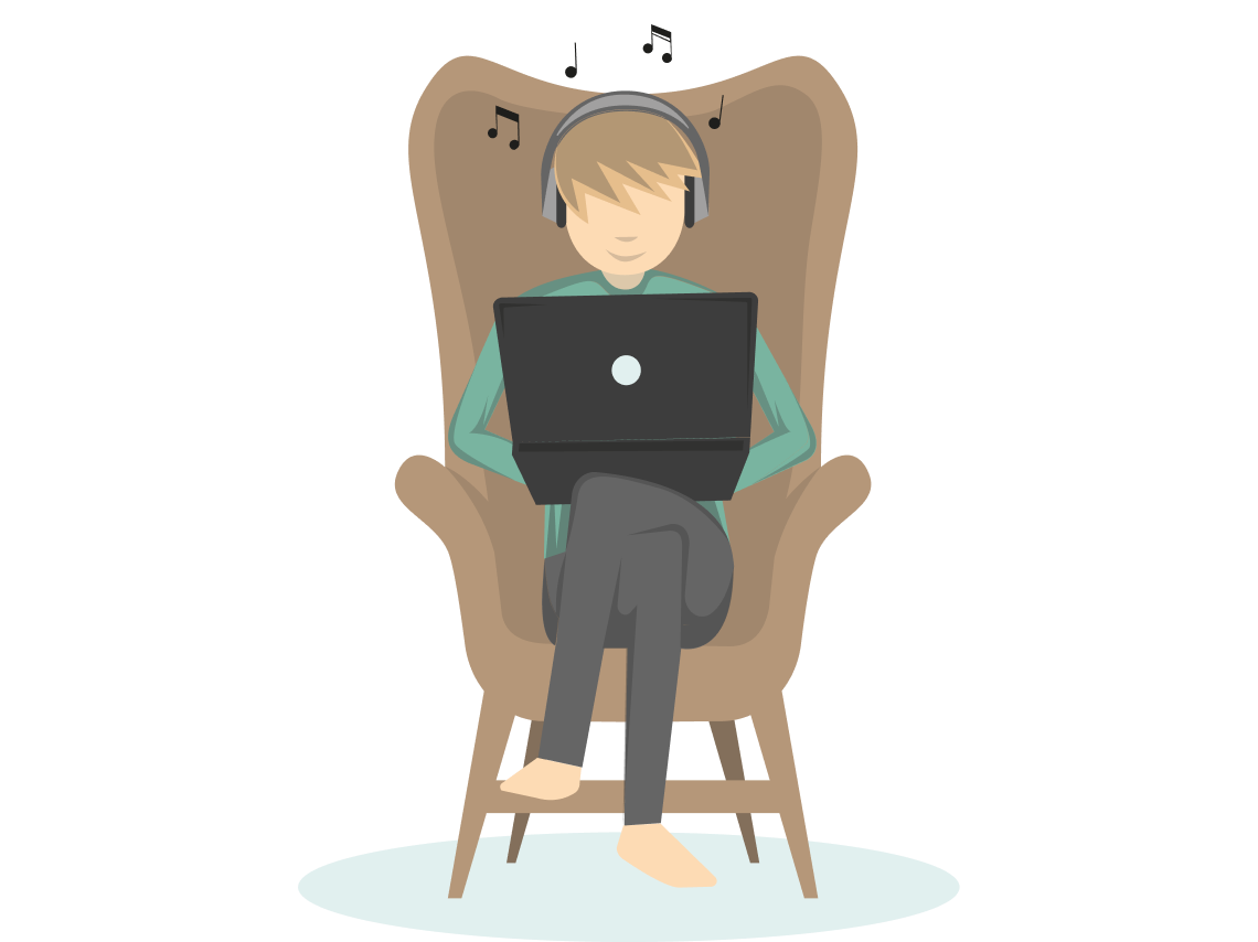Person mit Kopfhörern sitzt im Sessel und arbeitet am Laptop, Musiknoten schweben in der Luft.