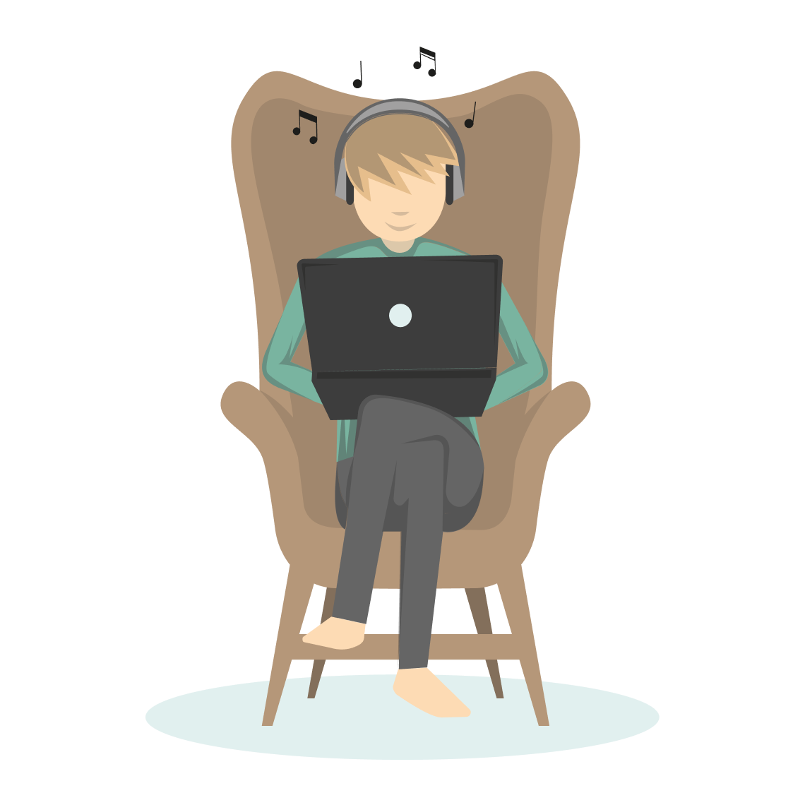 Eine Person mit Kopfhörern sitzt im Sessel und nutzt einen Laptop, Musiknoten schweben darüber.