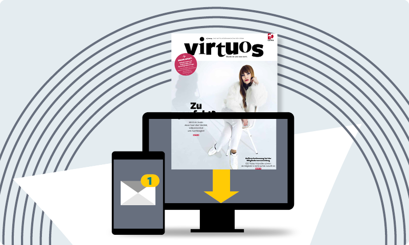 Ein Magazin mit Frau, ein Computerbildschirm und ein Smartphone mit E-Mail-Symbol auf grauem Hintergrund.