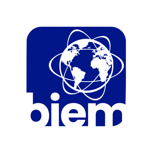 Blaues Logo mit weißer Weltkugel und Schriftzug 