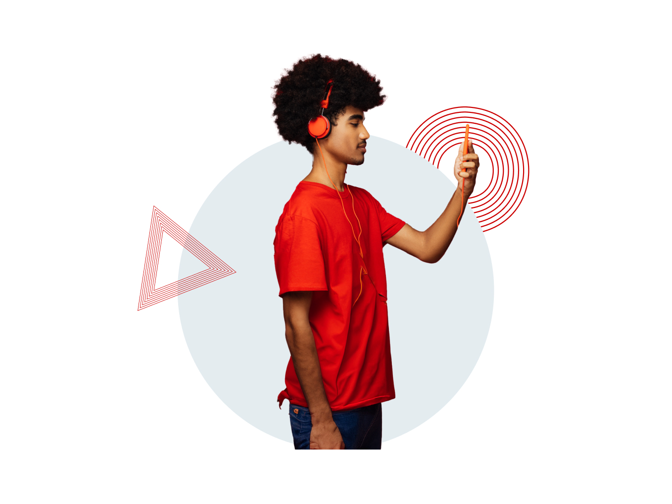 Person in rotem T-Shirt und Kopfhörern schaut auf Smartphone, umgeben von grafischen Elementen.