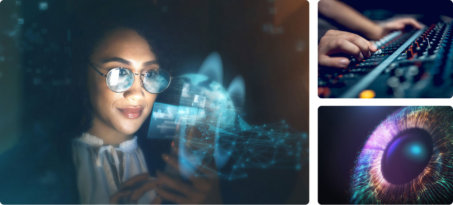 Eine Frau mit Brille betrachtet ein holografisches Display, daneben Hände auf einem Mischpult und ein buntes, leuchtendes Auge.