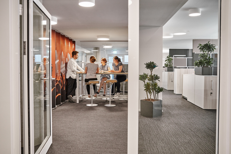 Vier Personen sitzen an einem Tisch in einem modernen Büro mit Pflanzen und Glaswänden.