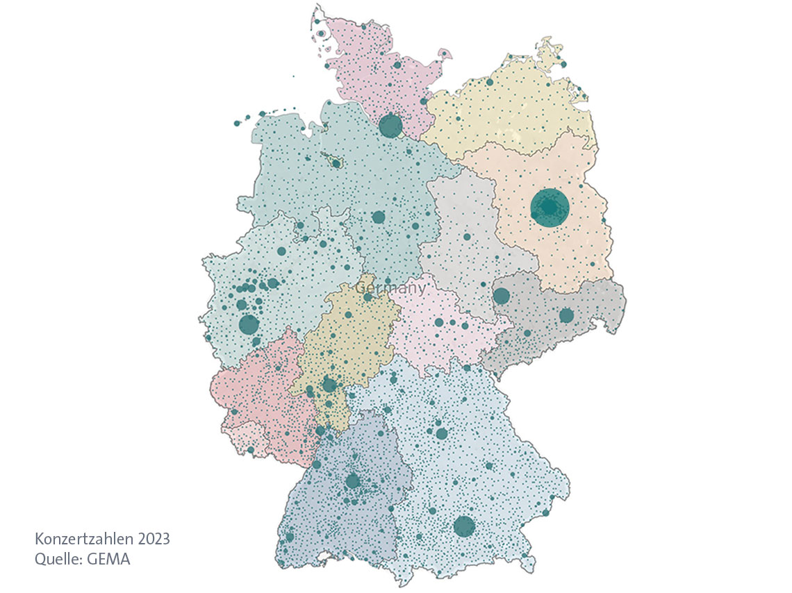 Deutschlandkarte mit farbigen Regionen und unterschiedlich großen Punkten zur Darstellung von Konzertzahlen 2023.