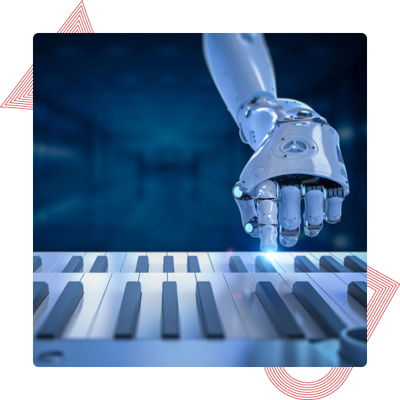 Eine Roboterhand spielt auf einem leuchtenden Keyboard in einem futuristischen Raum.