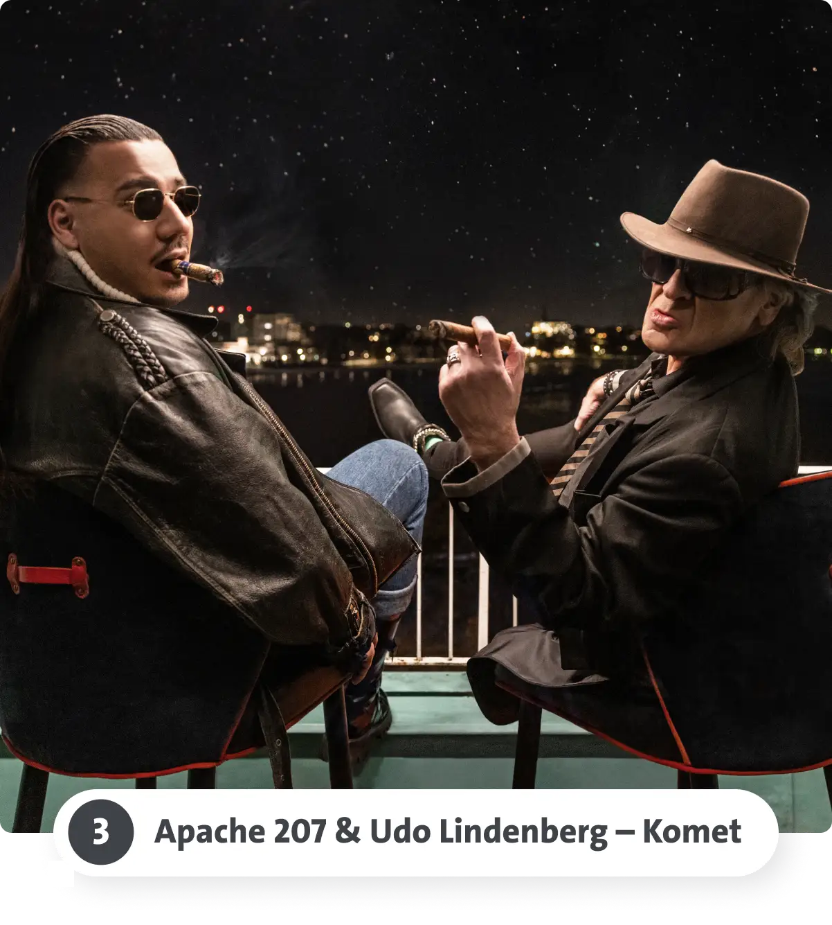 Zwei Männer sitzen nachts auf Stühlen, rauchen Zigarren, mit Stadtlichtern im Hintergrund.