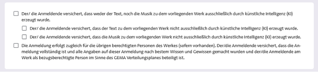 Maske bei der Online-Werkanmeldung mit 4 verschiedenen Auswahlmöglichkeiten.