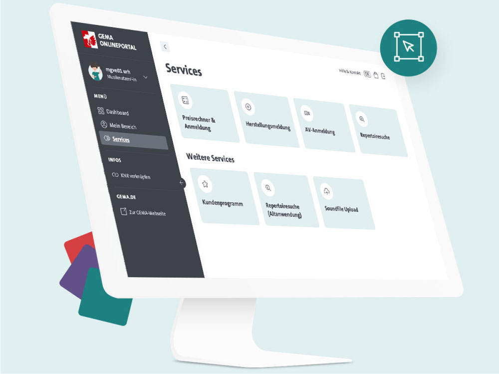 Ein Computerbildschirm zeigt das GEMA Onlineportal mit verschiedenen Service-Optionen.