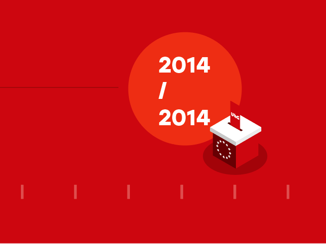 Ein roter Wahlurne mit EU-Symbol und Flagge, daneben die Jahreszahl 2014 auf rotem Hintergrund.