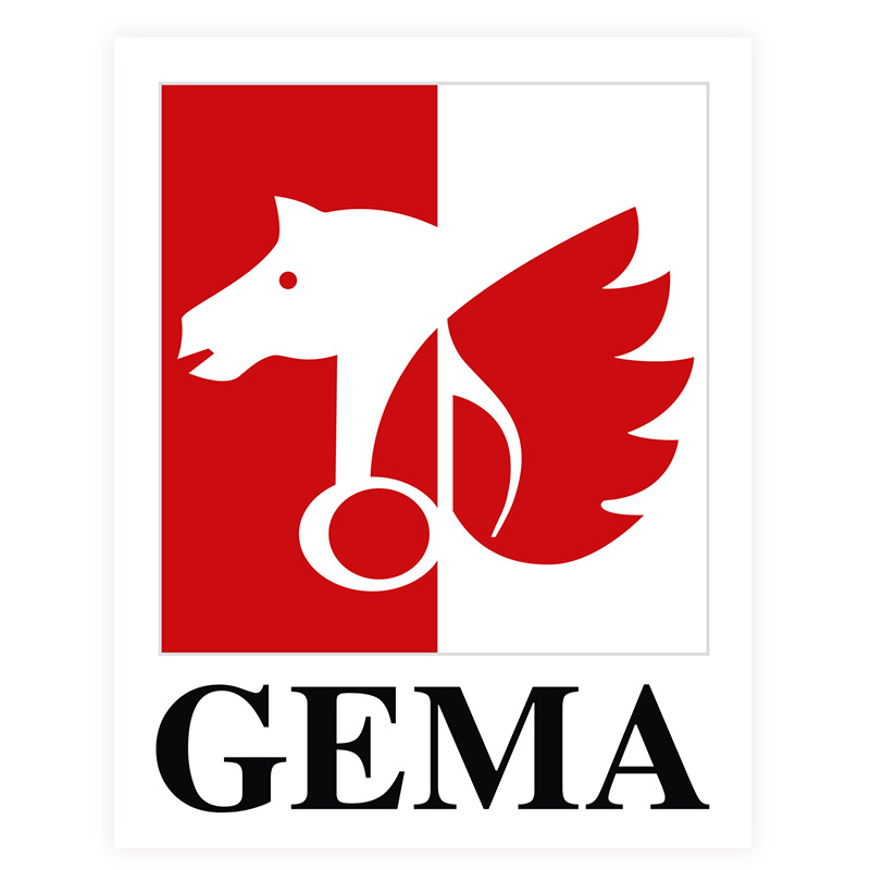 Rotes und weißes Logo mit Pferdekopf, Flügel und Notenschlüssel, darunter der Text 