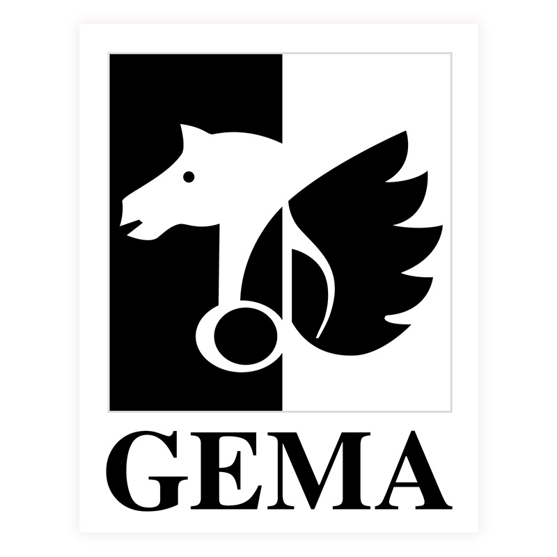 Schwarz-weißes Logo mit Pferdekopf, Flügel und Notenschlüssel, darunter der Text 