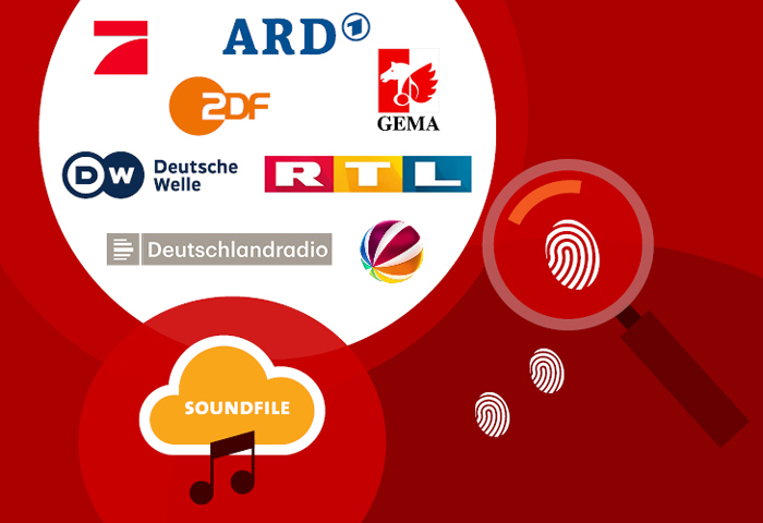 Logos von deutschen Medien und GEMA auf rotem Hintergrund mit Lupe und Fingerabdrücken.