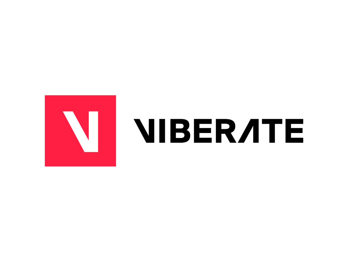 Rotes Quadrat mit weißem V neben schwarzem Text 'VIBERATE' auf weißem Hintergrund.