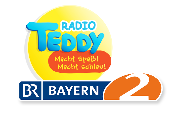 Radio Teddy Logo mit gelbem Kreis, blauer Schrift und rotem Slogan. Darunter BR Bayern 2 Logo in Blau und Orange.