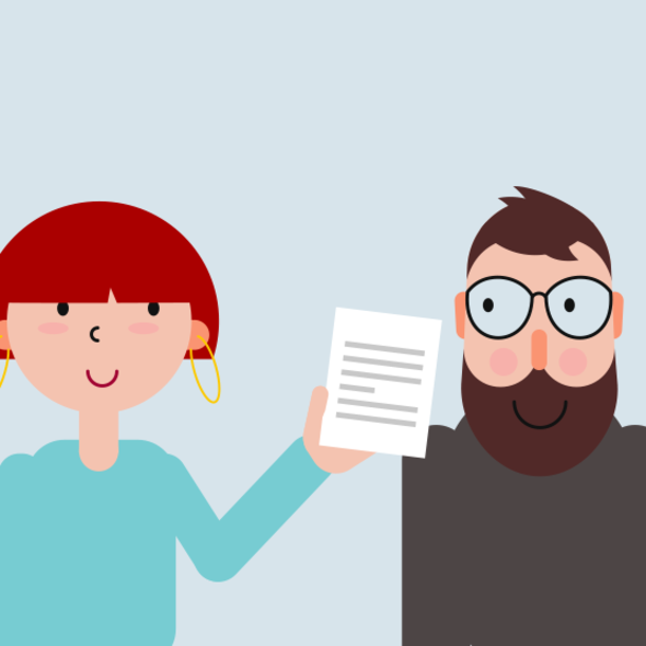 Zwei gezeichnete Figuren, eine hält ein Dokument, beide lächeln.