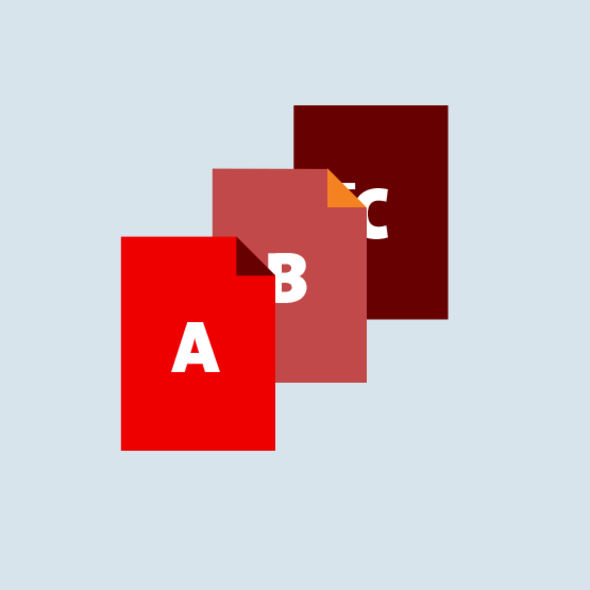 Drei überlappende Blätter in Rot, Rotbraun und Dunkelrot mit Buchstaben A, B, C.