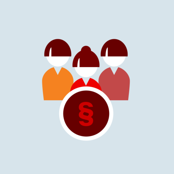 Drei stilisierte Figuren hinter einem Paragraphensymbol auf hellblauem Hintergrund.