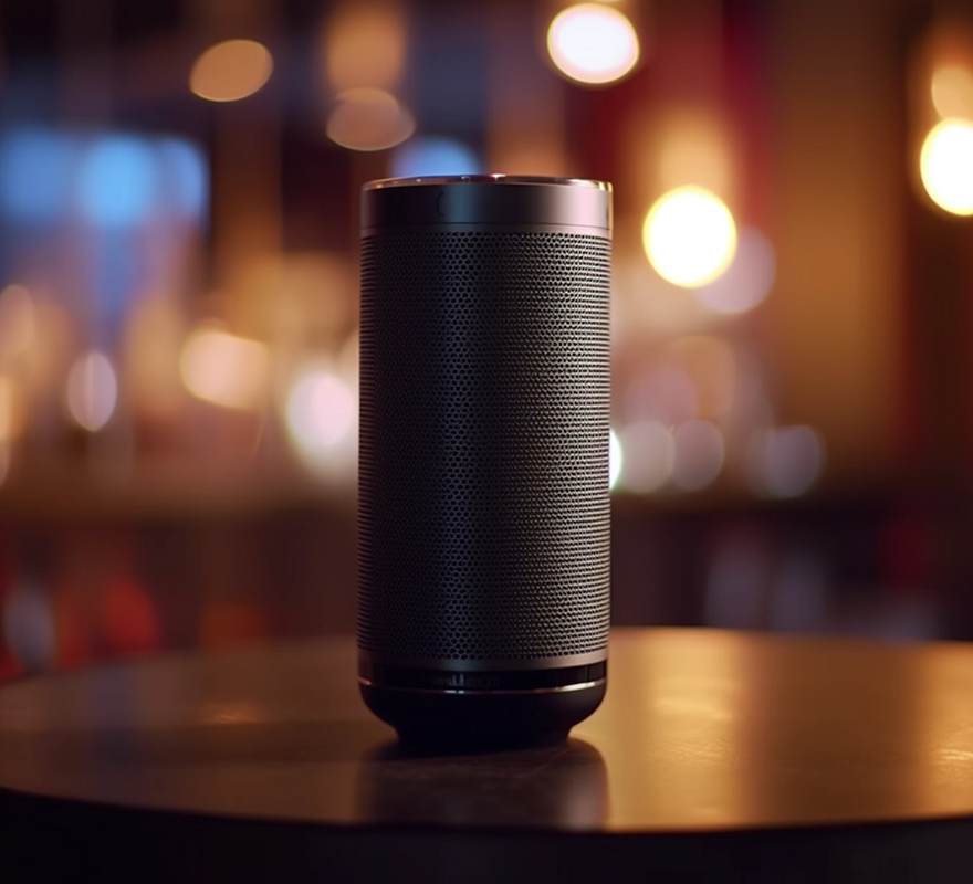 Ein schwarzer zylindrischer Lautsprecher steht auf einem Tisch vor unscharfem, warm beleuchtetem Hintergrund.