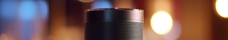 Ein schwarzer zylindrischer Lautsprecher steht auf einem Tisch vor unscharfem, warm beleuchtetem Hintergrund.