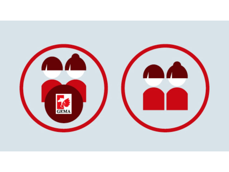 Zwei rote Personen-Icons, links mit GEMA-Logo, rechts ohne, beide in roten Kreisen auf grauem Hintergrund.