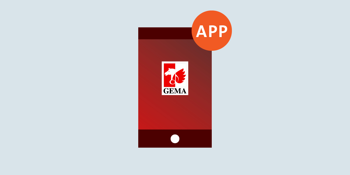 Rotes Smartphone-Icon mit GEMA-Logo und orangefarbenem 