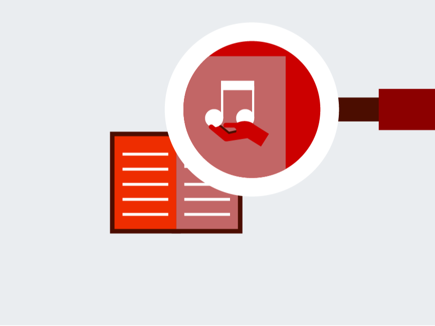 Ein rotes Buch und eine Lupe mit Musiknote und Hand darin.