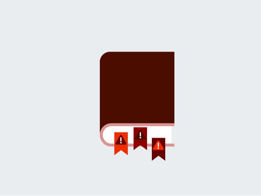 Ein braunes Buch mit drei Lesezeichen, die Ausrufezeichen zeigen.