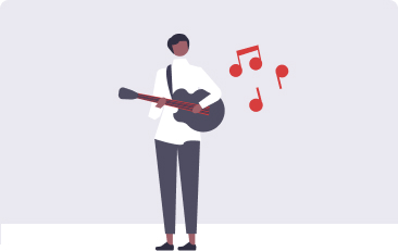 Person spielt Gitarre, umgeben von roten Noten auf grauem Hintergrund.