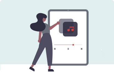 Eine Frau bedient ein großes Tablet mit Musik-App und Wiedergabesteuerung.